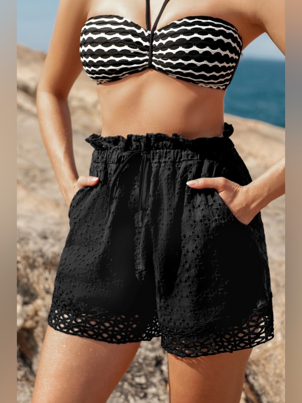 Cupshe Black Eyelet Pull On Shorts Swim Beach Lined Cover Up NWT XS